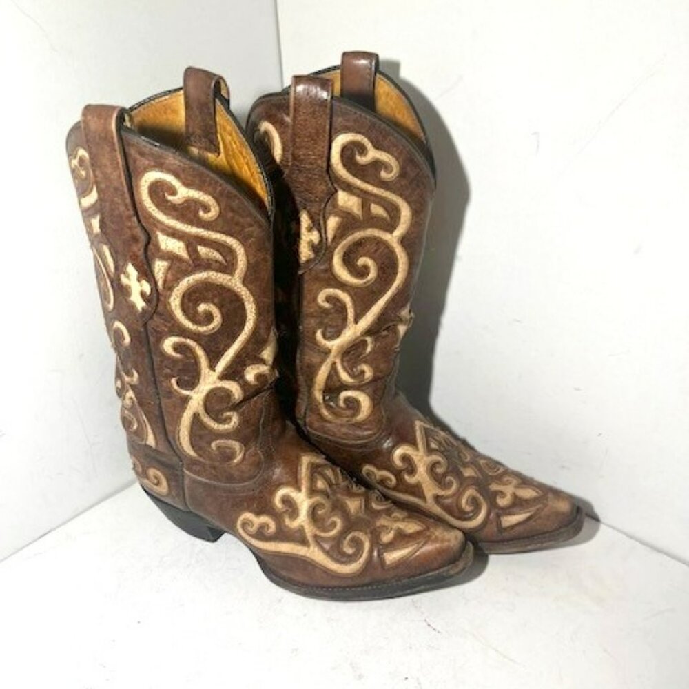 Tony Lama Brown and Cream Heeled Boots